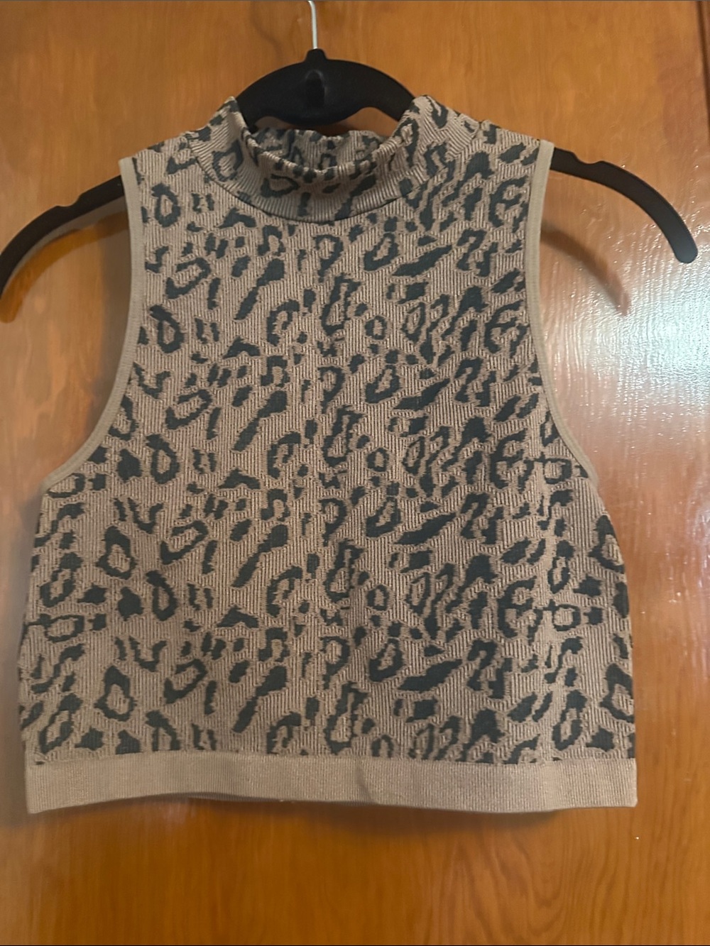 Bozzolo Beige and Black Leopard Mock Neck Crop Top